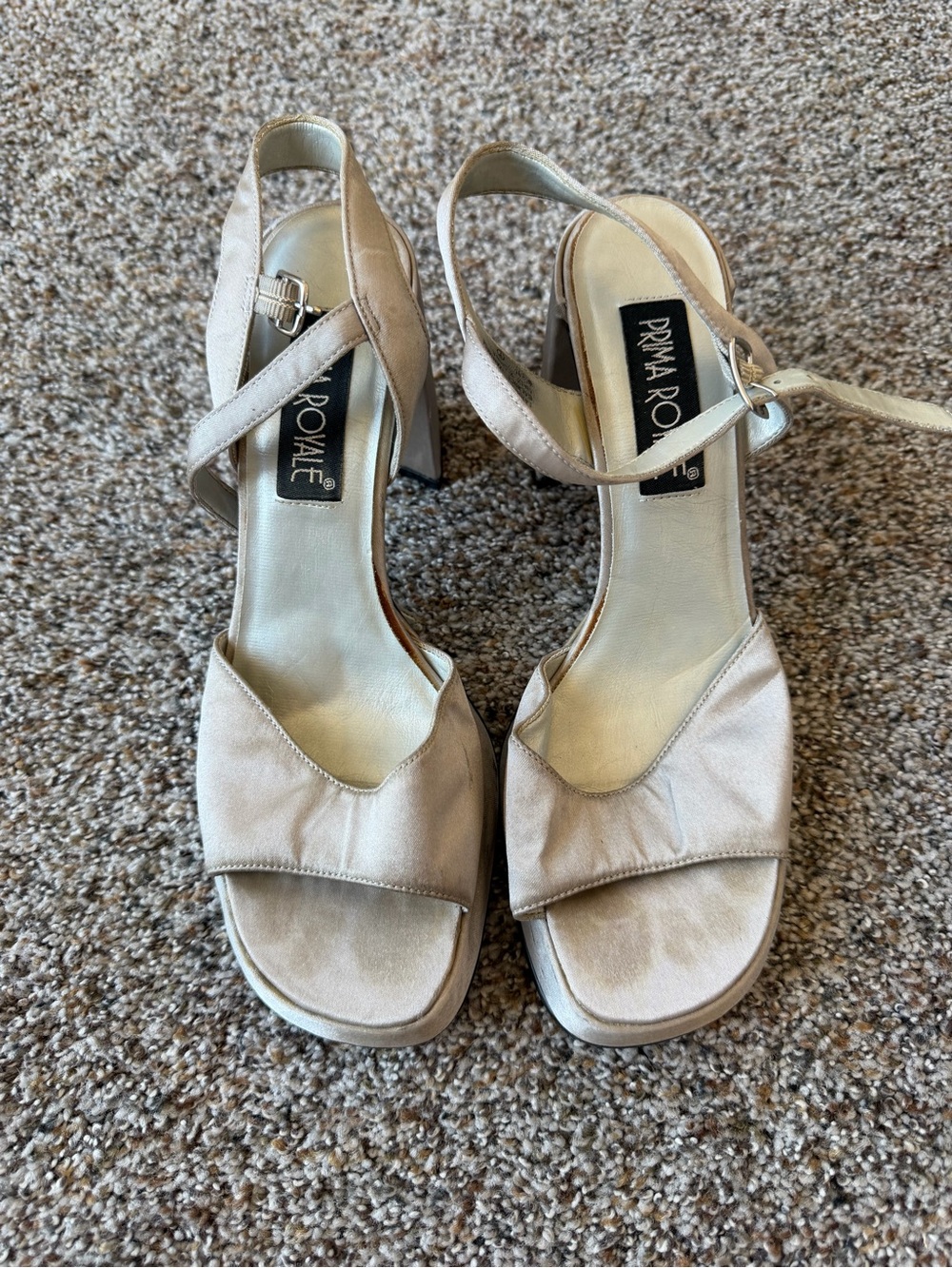 Vintage Y2K Prima Royale Champagne Satin Platform Block Heels 8.5M